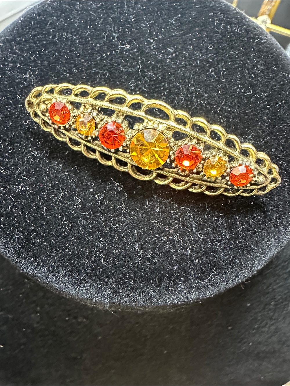 Bar Brooch Gold-Tone Orange & Amber Crystal  #368
